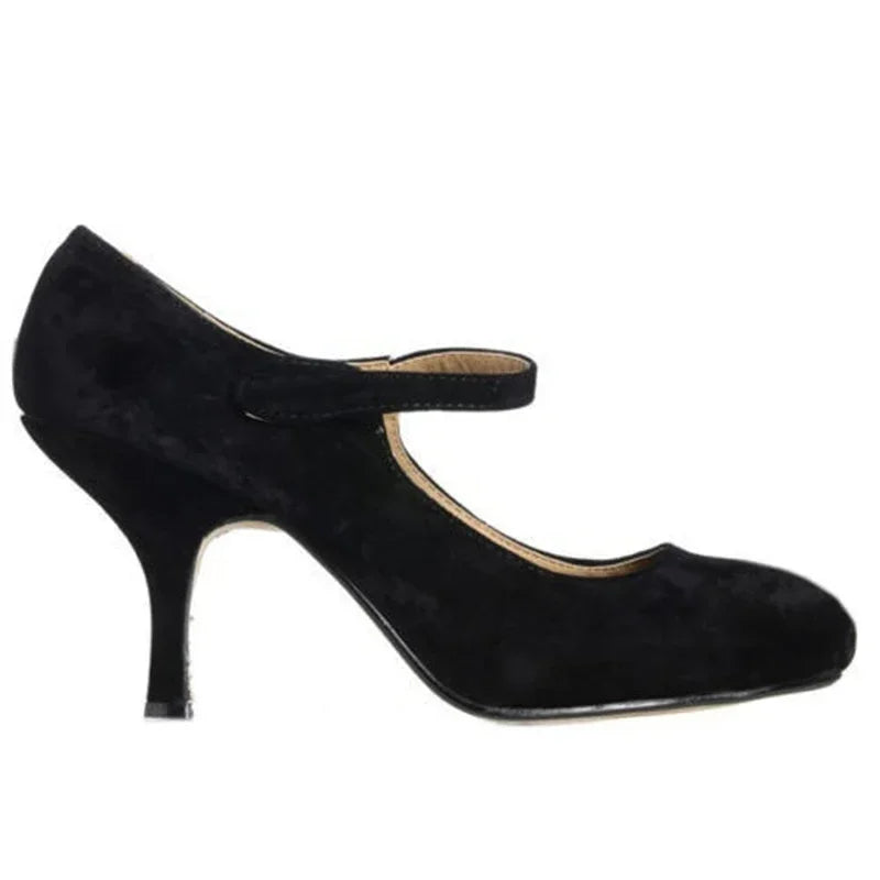 High Heels Round Toes Pumps Mujer Buckle Solid Black Shoes  PU Leather Wedding Shoes Femme