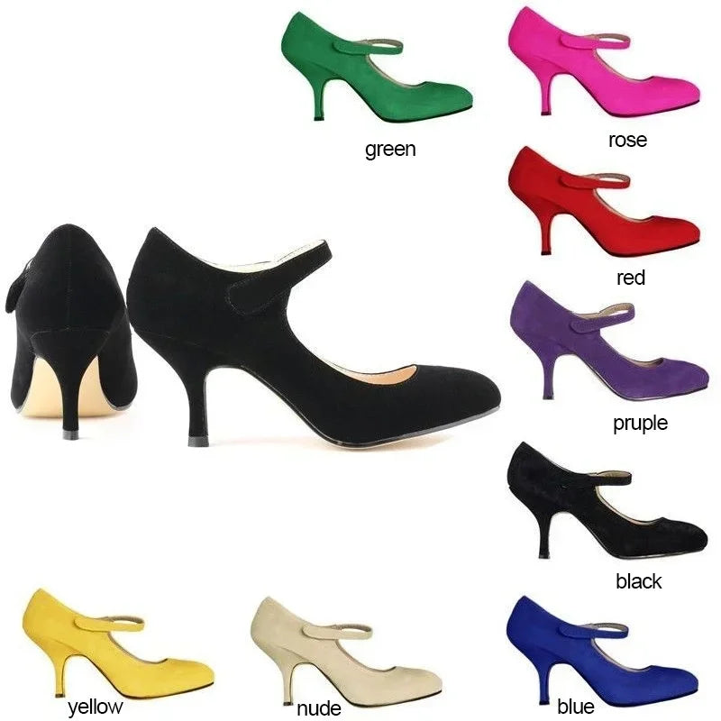 High Heels Round Toes Pumps Mujer Buckle Solid Black Shoes  PU Leather Wedding Shoes Femme
