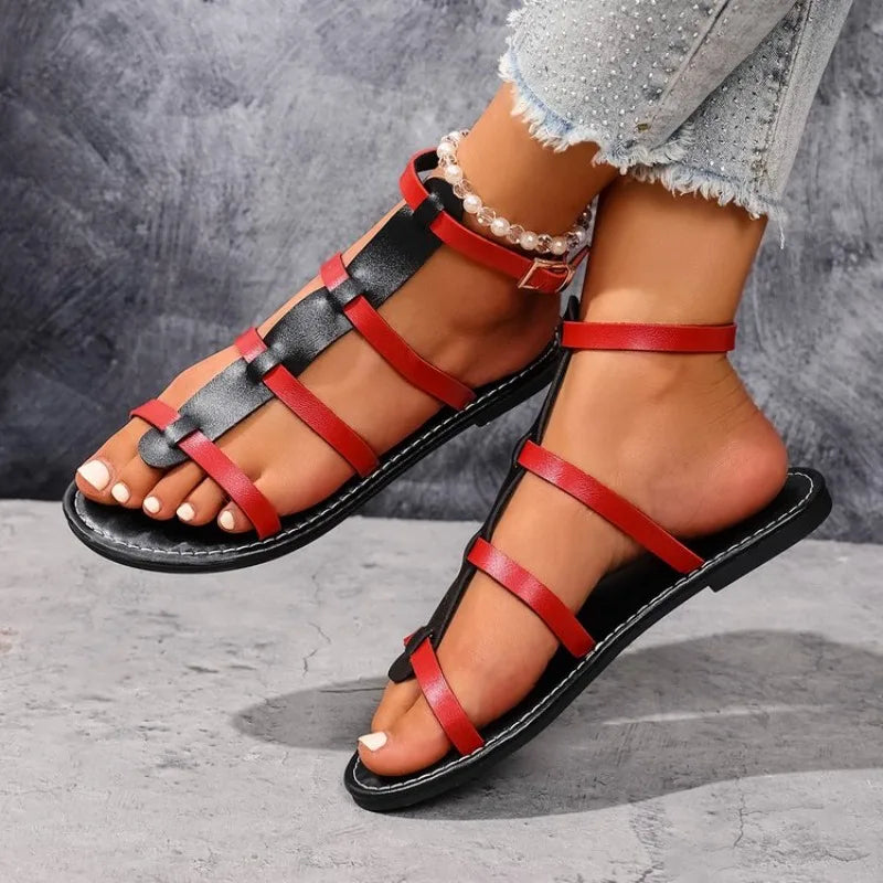 Cross Narrow BAnkle Buckle Strap Female Beach Shoes Sandals Flat Heels Clip-toe Casual Rome Sandals