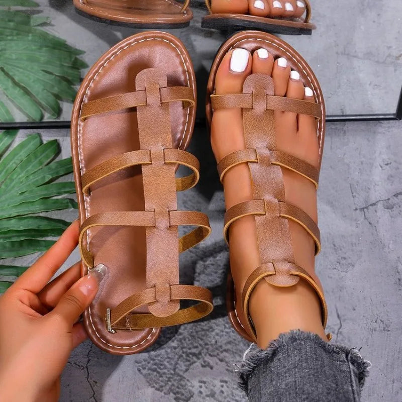 Cross Narrow BAnkle Buckle Strap Female Beach Shoes Sandals Flat Heels Clip-toe Casual Rome Sandals