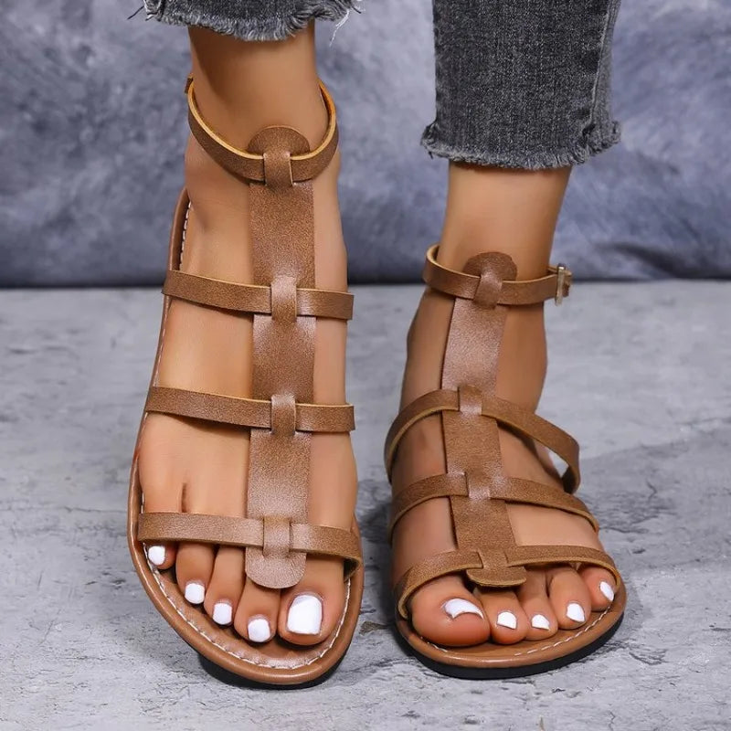 Cross Narrow BAnkle Buckle Strap Female Beach Shoes Sandals Flat Heels Clip-toe Casual Rome Sandals