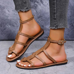 Cross Narrow BAnkle Buckle Strap Female Beach Shoes Sandals Flat Heels Clip-toe Casual Rome Sandals