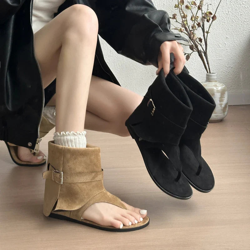 Retro Casual Sandals -High-top Flap-Toe Leggings Short Booties Chic Teenage Style Flat Roman Sandals Sizes 35-42