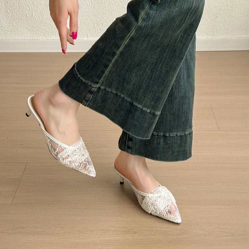 Style Elegant French Net Silk Lace Head-Toe Slippers
