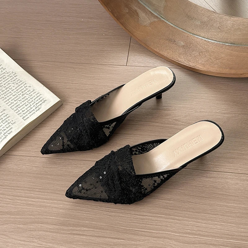 Style Elegant French Net Silk Lace Head-Toe Slippers