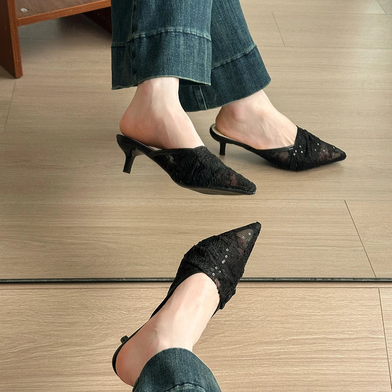 Style Elegant French Net Silk Lace Head-Toe Slippers