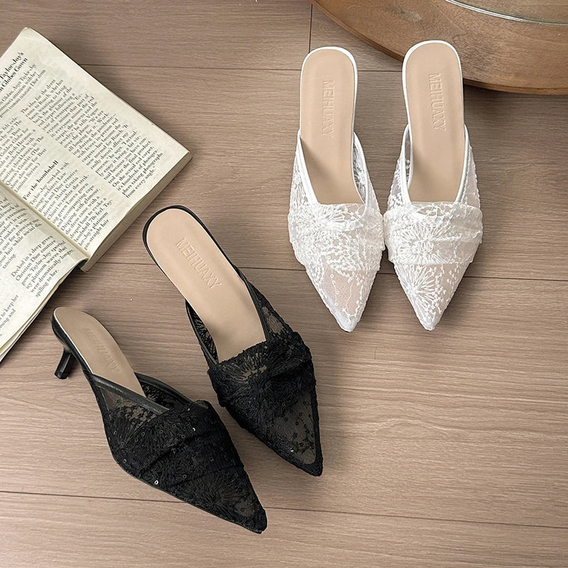 Style Elegant French Net Silk Lace Head-Toe Slippers