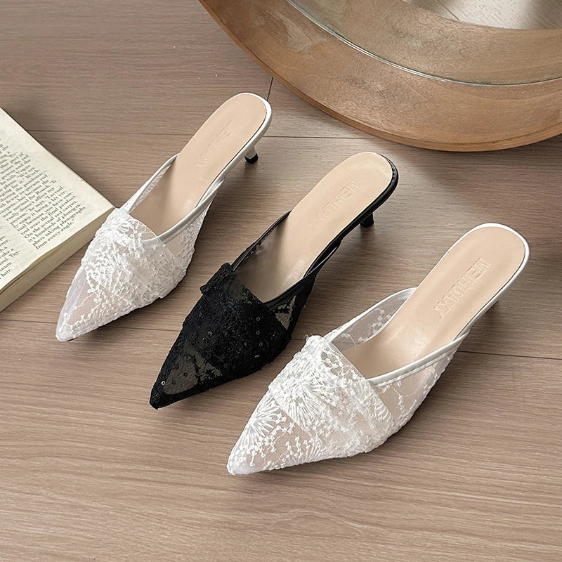 Style Elegant French Net Silk Lace Head-Toe Slippers