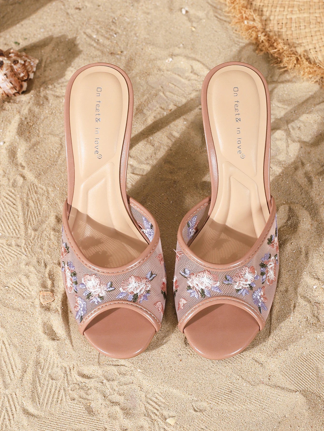 Floral Embroidered Mesh High Heel Mules Peep Toe Stiletto Slippers Sexy Party Shoes