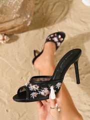 Floral Embroidered Mesh High Heel Mules Peep Toe Stiletto Slippers Sexy Party Shoes
