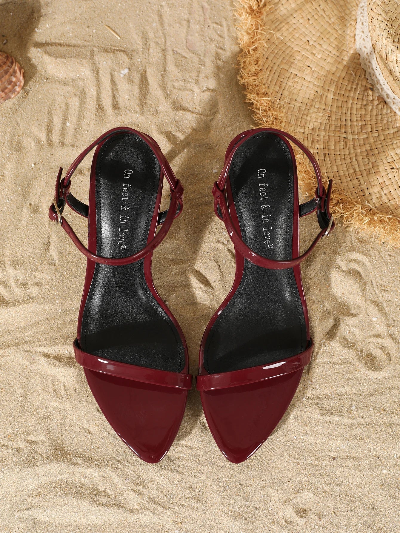 Burgundy Patent Leather Pointed Toe Heeled Sandals