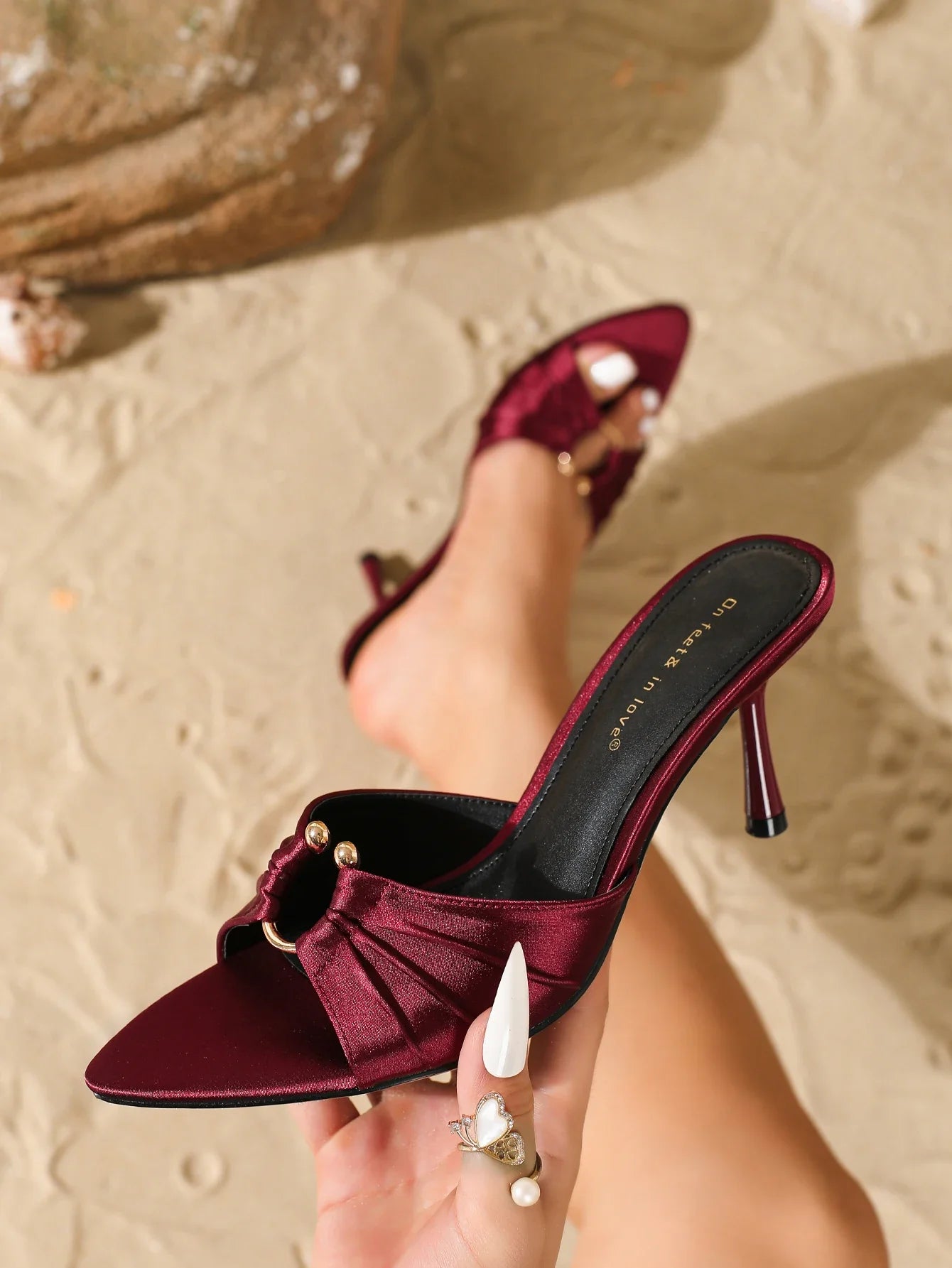 Wine Red Satin Heeled MulesOpen Toe Metal Decor Thin Heel SandalsWedding Party
