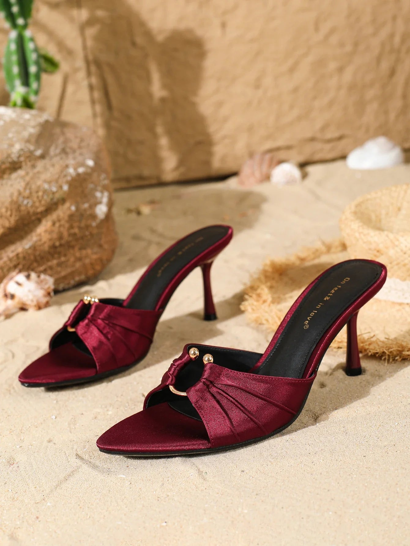 Wine Red Satin Heeled MulesOpen Toe Metal Decor Thin Heel SandalsWedding Party