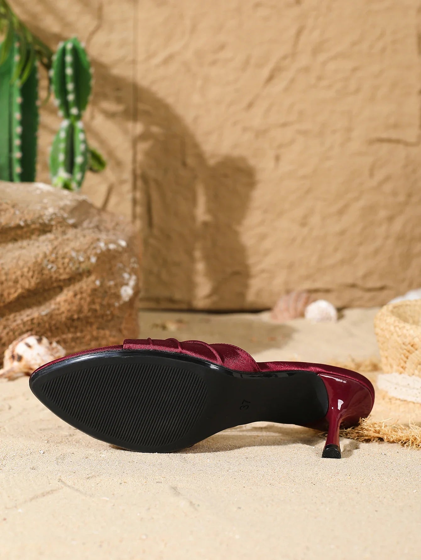 Wine Red Satin Heeled MulesOpen Toe Metal Decor Thin Heel SandalsWedding Party