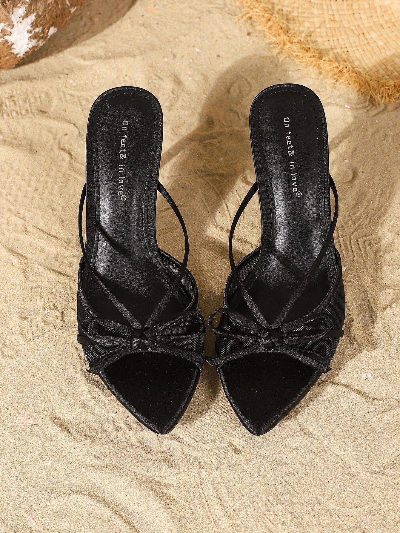 Satin Mesh Bow High Heel Mules