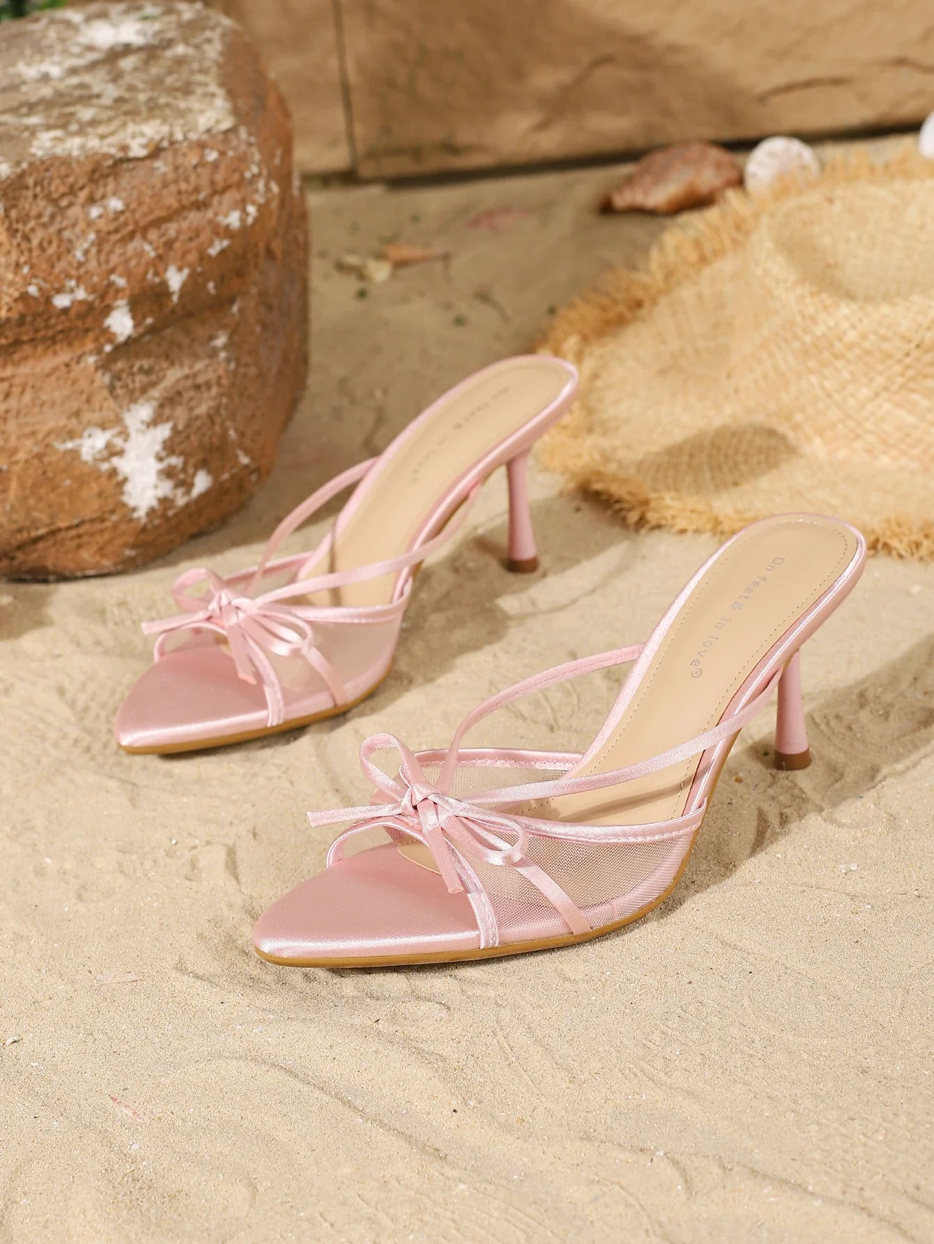 Satin Mesh Bow High Heel Mules