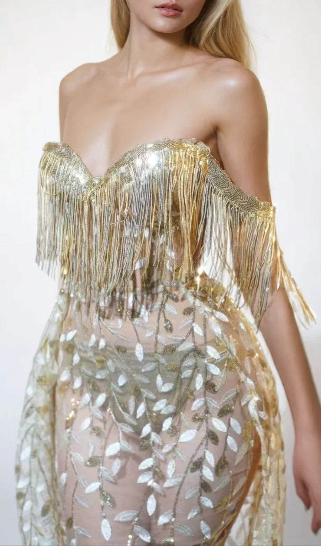 Caspar Dazzling Strapless Sequin Fringe Illusion Maxi Dress