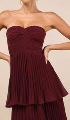 Ensio Wine Strapless Tiered Pleated Maxi Dress