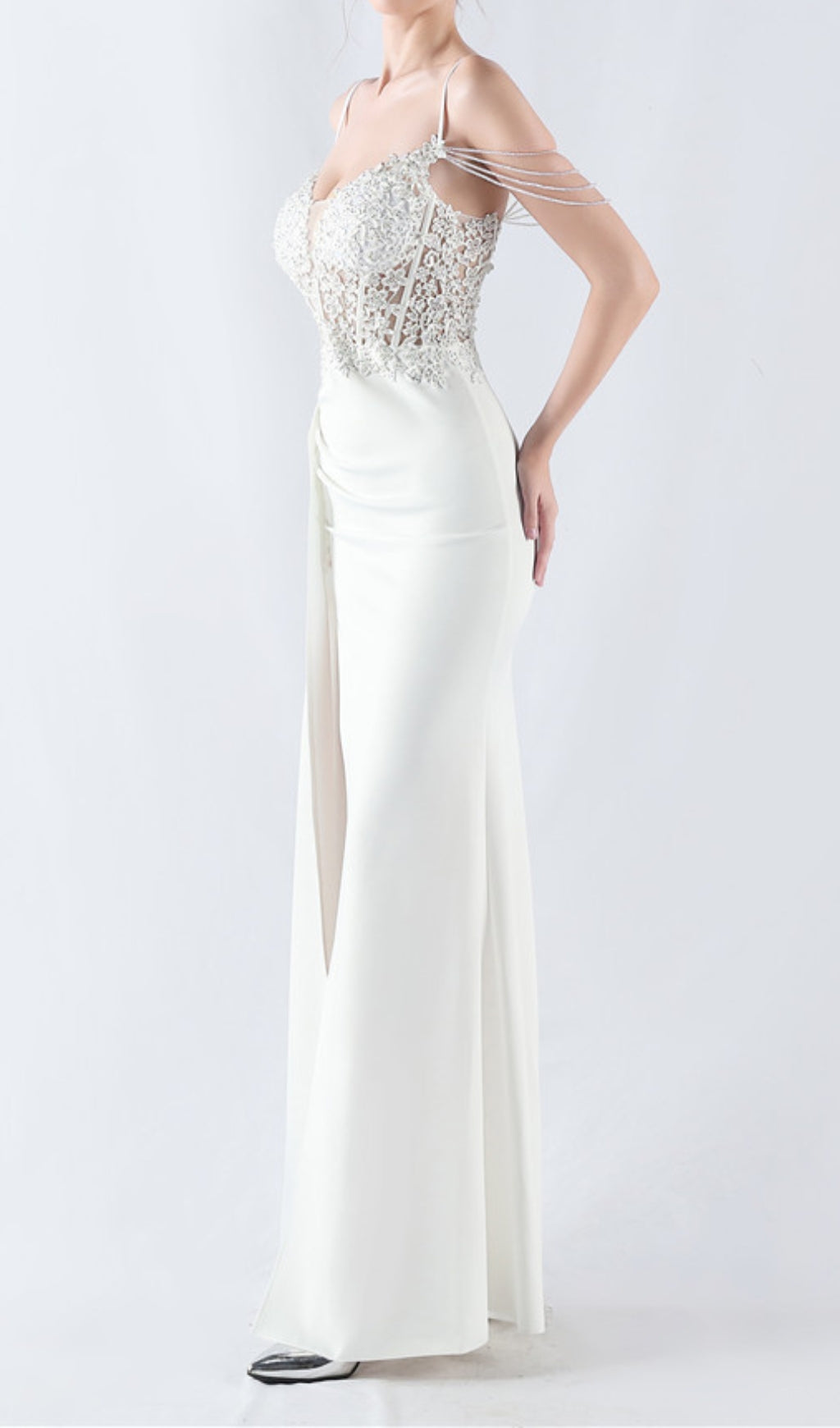 Chofa "Blossom" White Floral Beaded Corset Maxi Dress