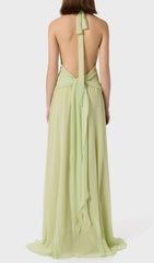 Florine Elegant Sage Green Halter Maxi Dress with Rose & Ruffles
