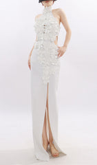 Jezel White 3D Floral Halter Maxi Dress