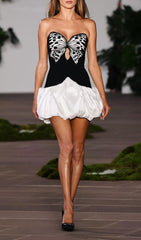 Chic Black & White Sequin Butterfly Strapless Mini Dress