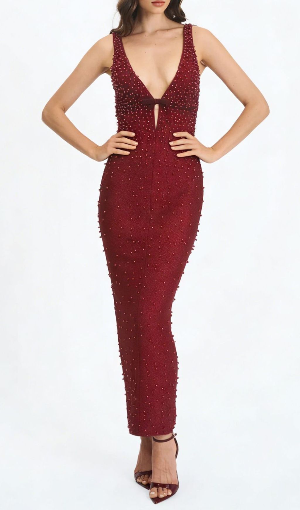 Jenaya Red Pearl Embellished Bodycon Maxi Gown