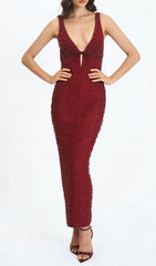 Jenaya Red Pearl Embellished Bodycon Maxi Gown