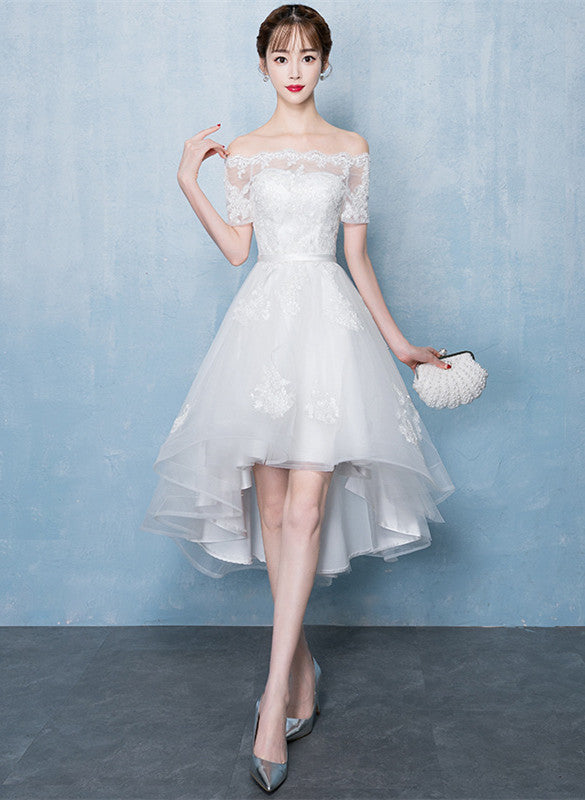 Lovely White High Low Tulle Graduation Dress