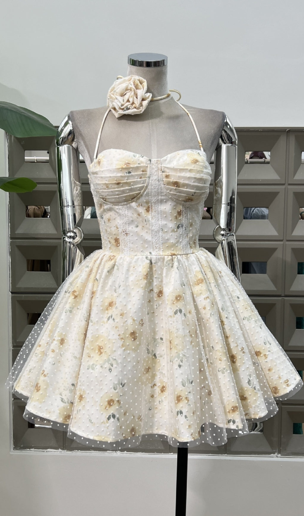 Ewelina Shimmering Floral Halter Mini Dress