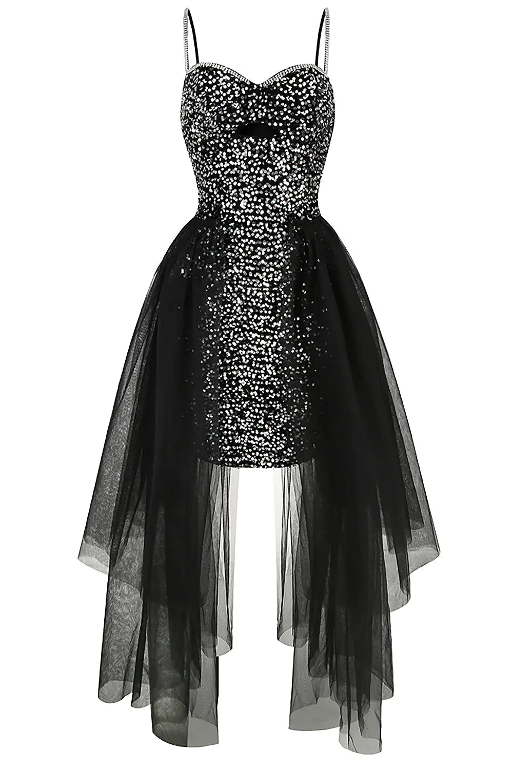 Strappy Sequin High-Low Mesh Dress
