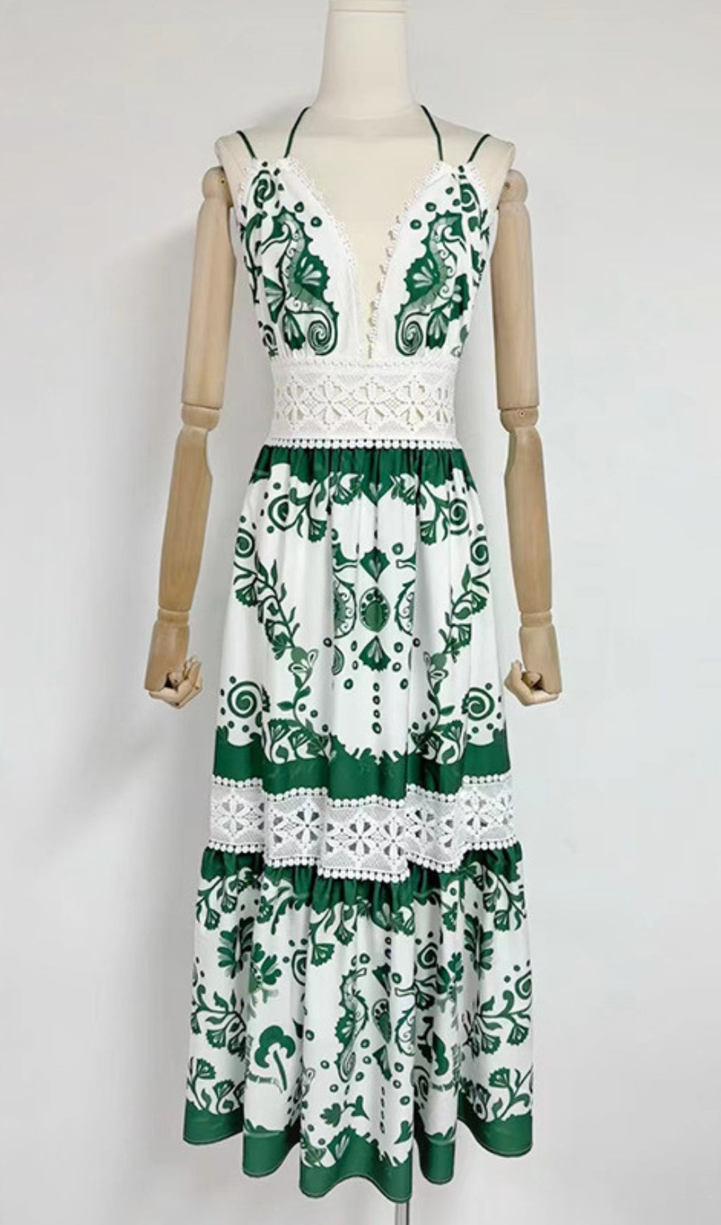 Estela Boho V-Neck Printed Maxi Dress with Lace Trim