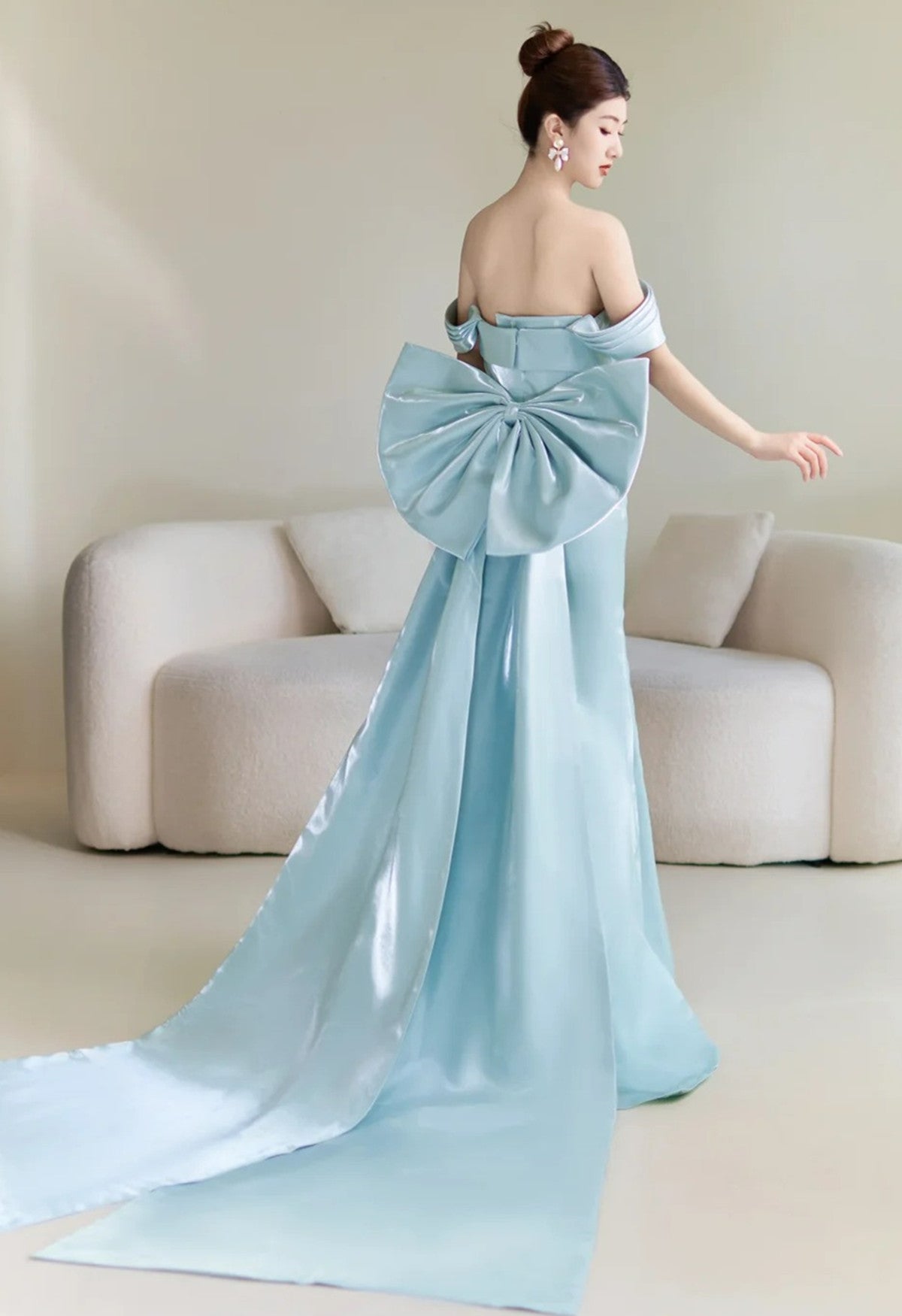 Blue Satin Off Shoulder Mermaid Long Formal Dress with Bow