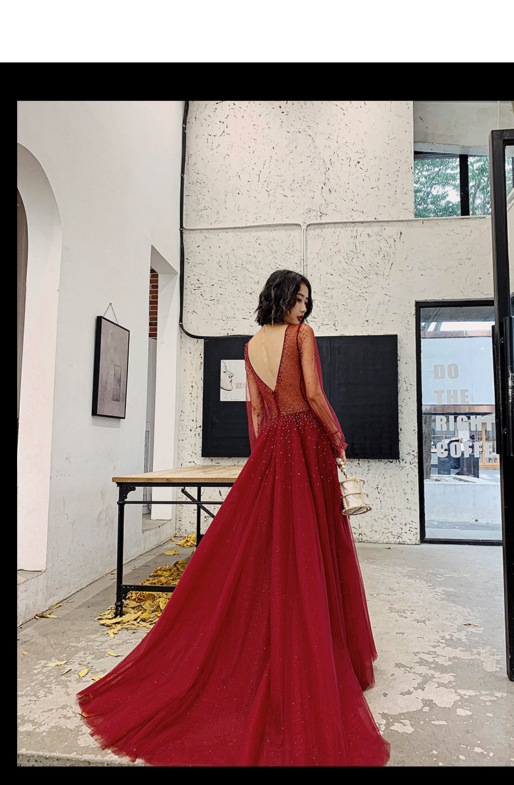 Wine Red Long Sleeves Beaded Low Back Tulle Prom Dress