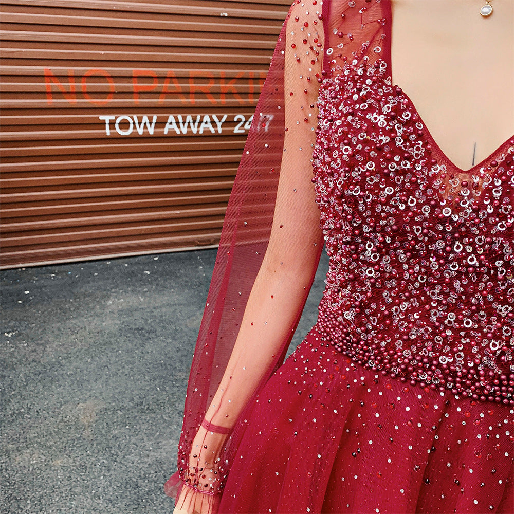 Wine Red Long Sleeves Beaded Low Back Tulle Prom Dress