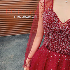 Wine Red Long Sleeves Beaded Low Back Tulle Prom Dress