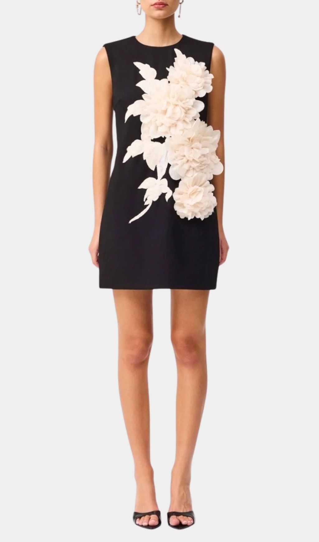 Jocasta Elegant Black Mini Dress with 3D Floral Appliqu