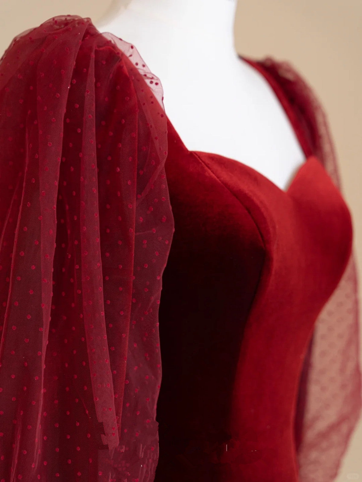 Wine Red Velvet Long Puffy Sleeves Prom Dress