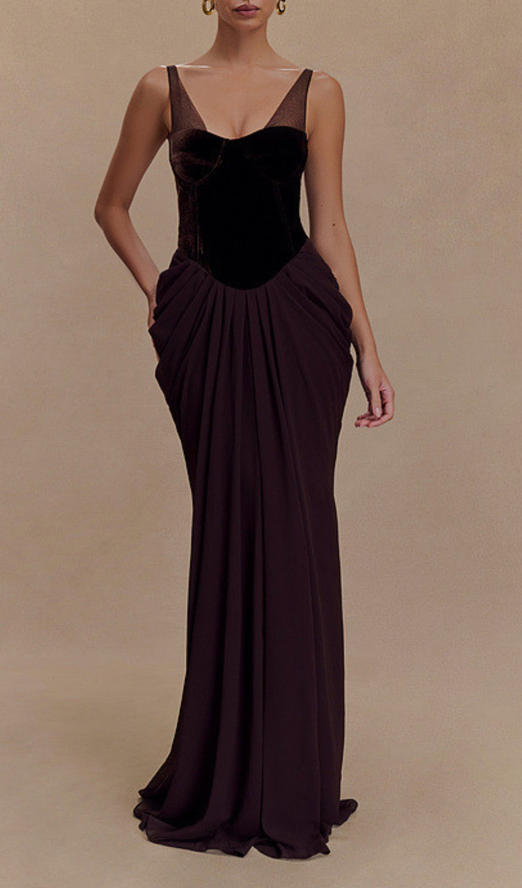 Dericia Velvet Bustier Draped Maxi Dress
