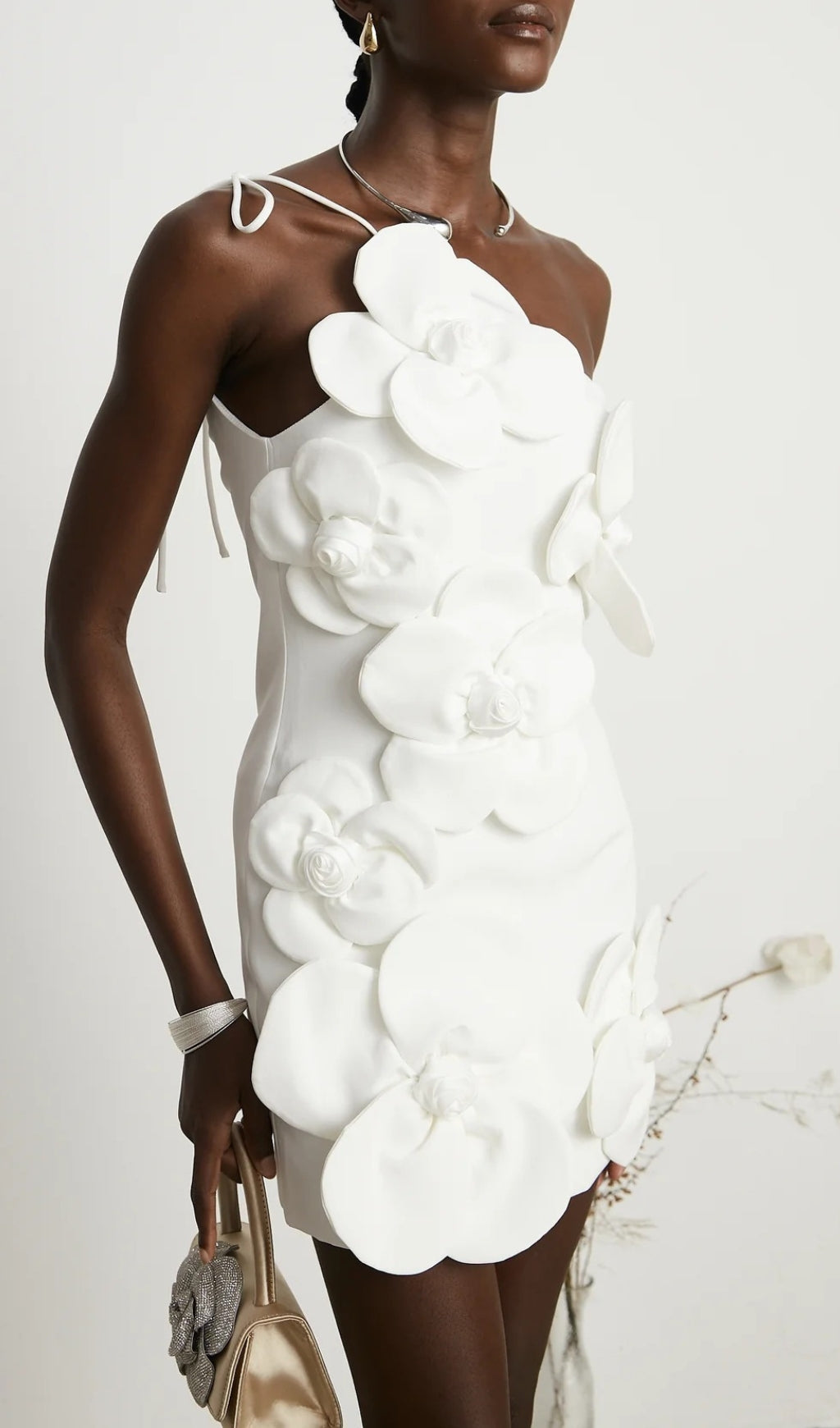 Benji White One-Shoulder 3D Floral Mini Dress