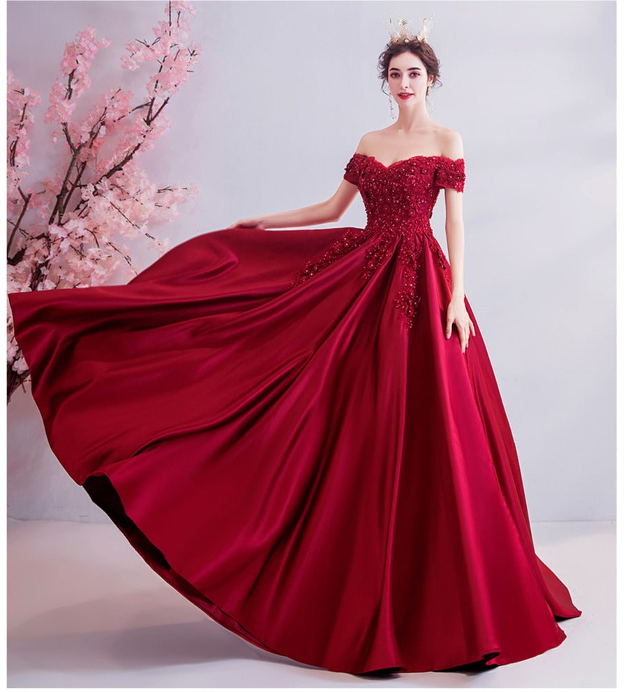 Wine Red Beaded and Lace Off Shoulder Long Party Dress
