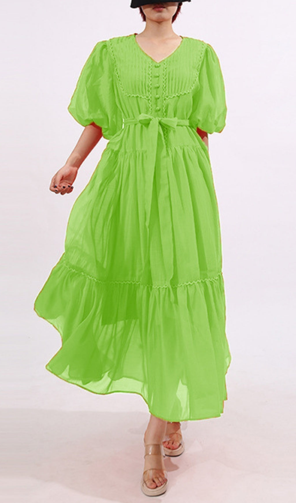 Fausto Vibrant Orange Puff Sleeve Tiered Maxi Dress