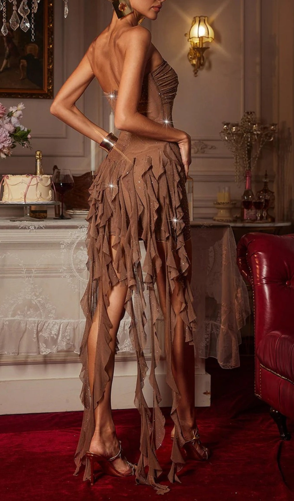 Chasca Dazzling Crystal Draped Strapless Mini Dress