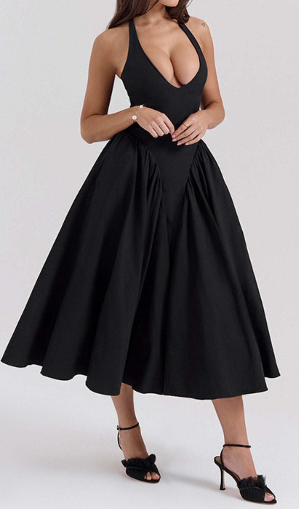 Dierdra Black Halter Deep V-Neck Midi Dress