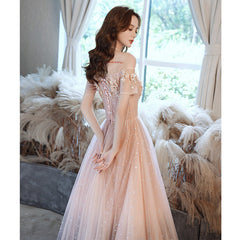 Vestido de fiesta de tul rosa con hombros descubiertos y encaje en forma de A 