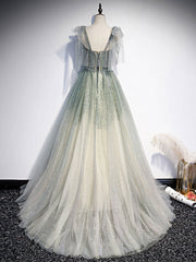 Vestido de fiesta largo con tirantes de tul verde, corte A y cuentas 