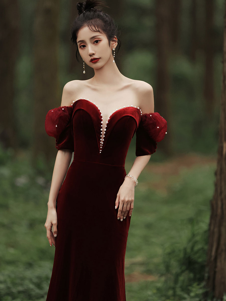 Wine Red Off Shoulder Velvet Mermaid Wedding Party Dress