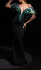 Glamorous Green & Black Bardot Beaded Maxi Gown