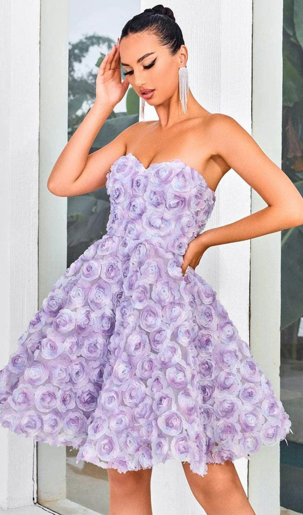 Berke Whimsical Lavender 3D Floral Strapless Mini Dress