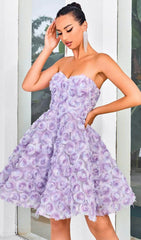 Berke Whimsical Lavender 3D Floral Strapless Mini Dress